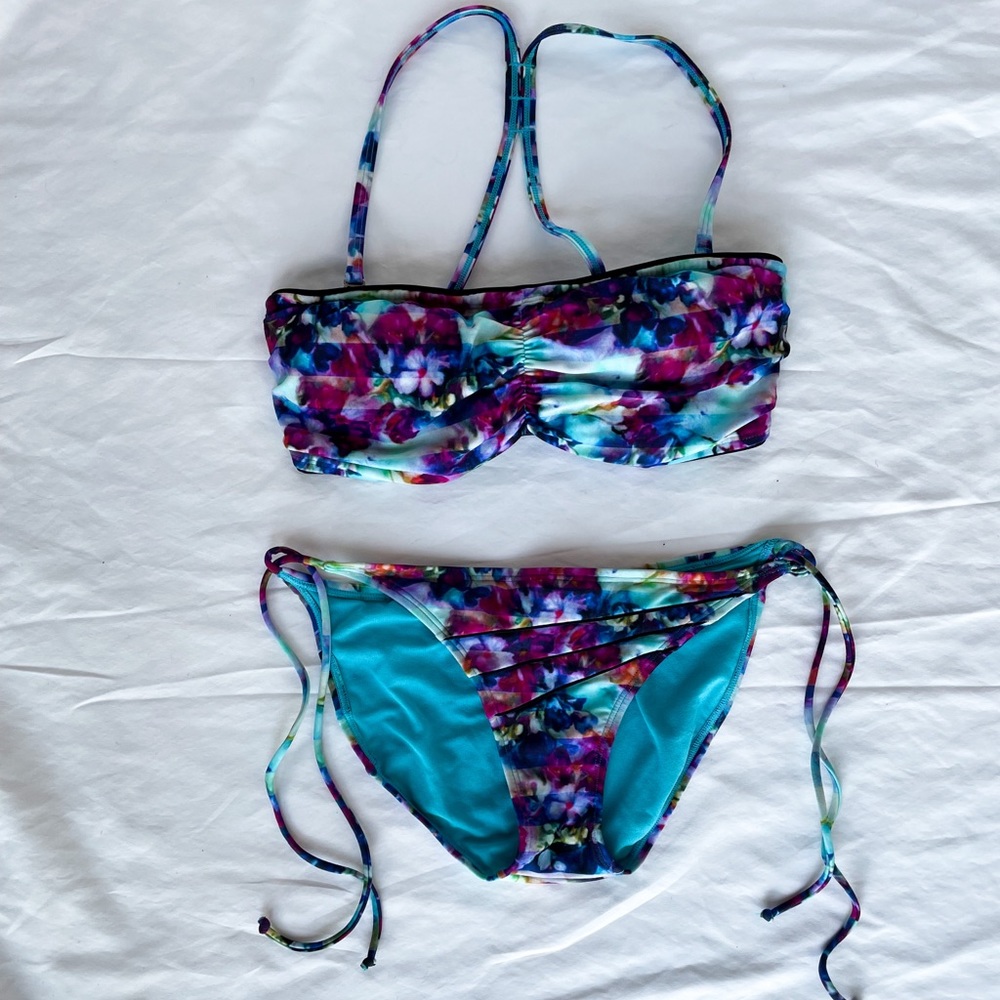 Athleta Floral Bandeau Bikini Set in Teal, Purple, Blue